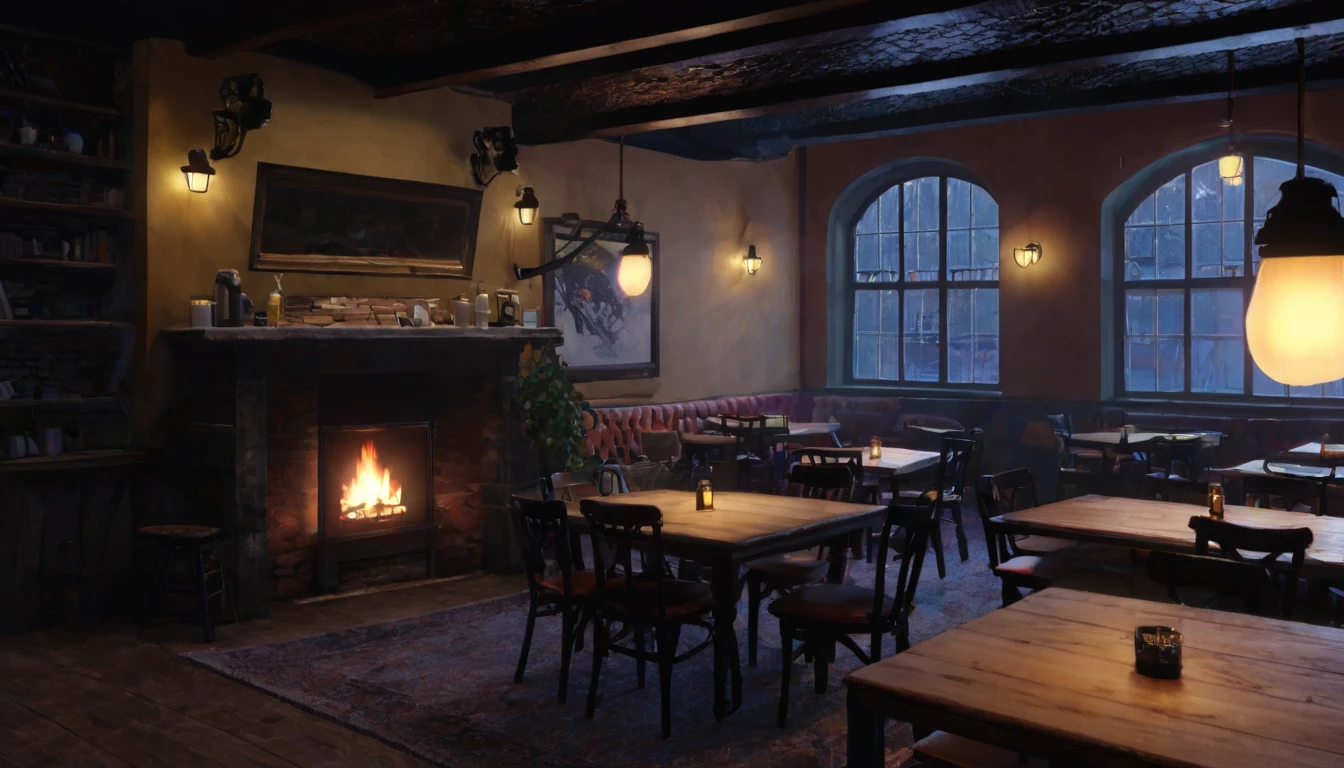 at night a cozy coffeeshop with a lot of tables, a big window in the center and a fireplace