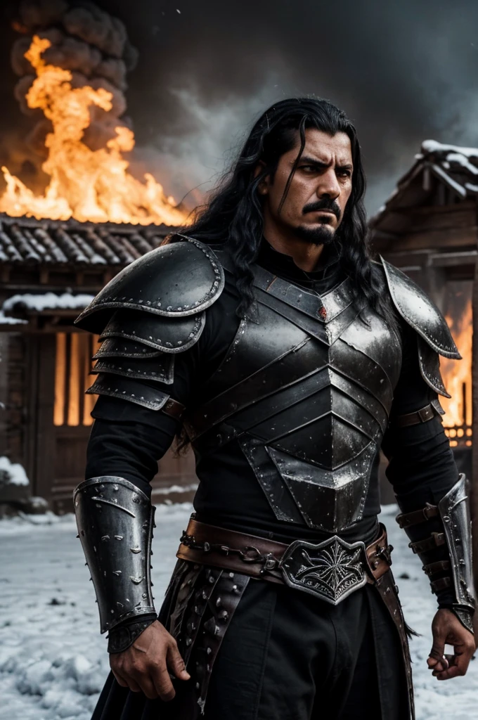 A dark and intimidating warrior, Hernán has an aura of danger and power. He's tall and sturdy, with obvious musculature. Her hair is black and shaggy, matching the dark eyes that hold an intense anger. His armor is dark and imposing, made of black metal with deep red details, reflecting his malevolent nature. His expression is one of pure malice and relentless determination.. Hernán exudes an oppressive presence, ready to destroy anyone who opposes him. The background is snow and houses are on fire, fire everywhere. facefocus