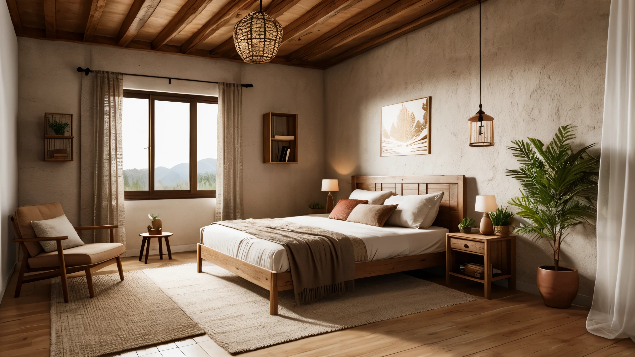 Mockup frame in nomadic boho interior background with rustic decor, 3d render