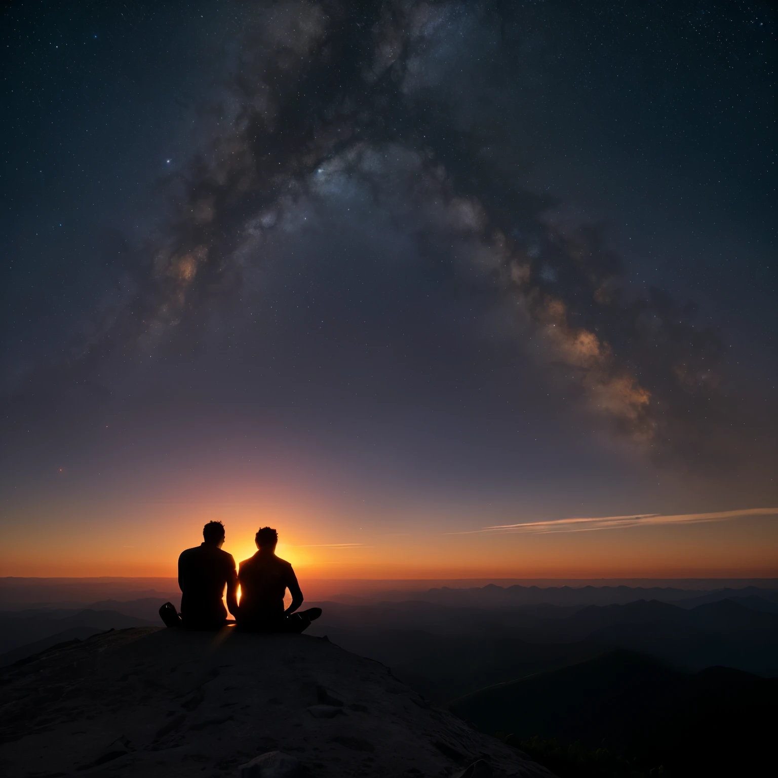 silhouette of two men sitting on a mountain watching a galactic sunset