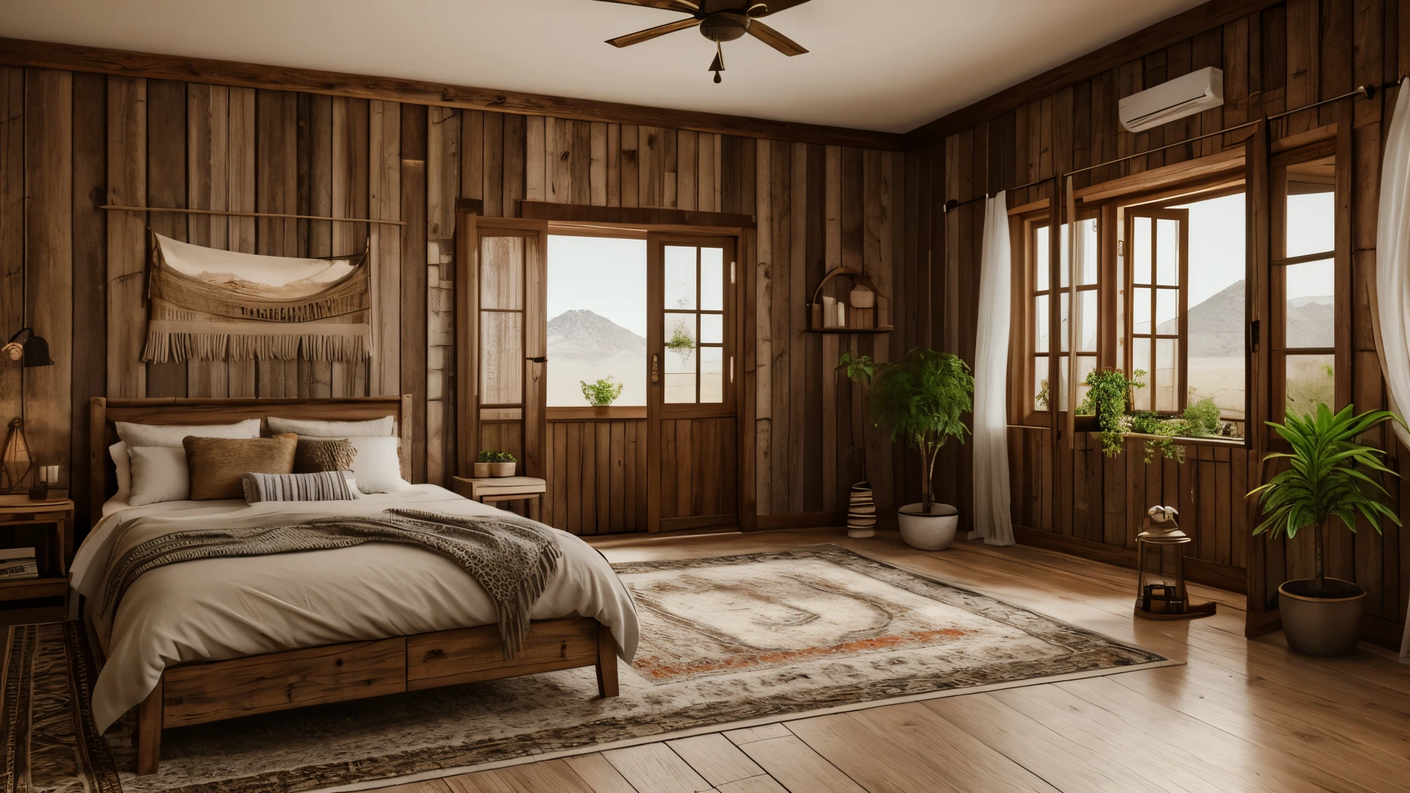Mockup frame in nomadic boho interior background with rustic decor, 3d render