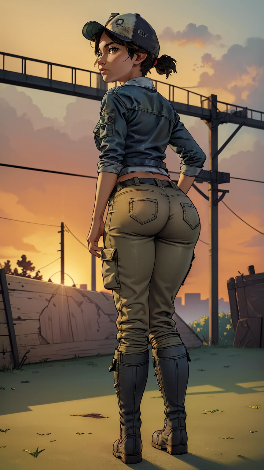 ((masterpiece, best quality)),(complex lighting) ,solo,(((1girl))) ,clementine, light skin,light-skinned female, baseball cap, green cargo pants, brown eyes, tight pants, combat boots, shirt, short hair, one short ponytail, open denim jacket, huge butt, thicc butt , (((8k))), (((full body))), (((bent over))), (((looking at the viewer)))