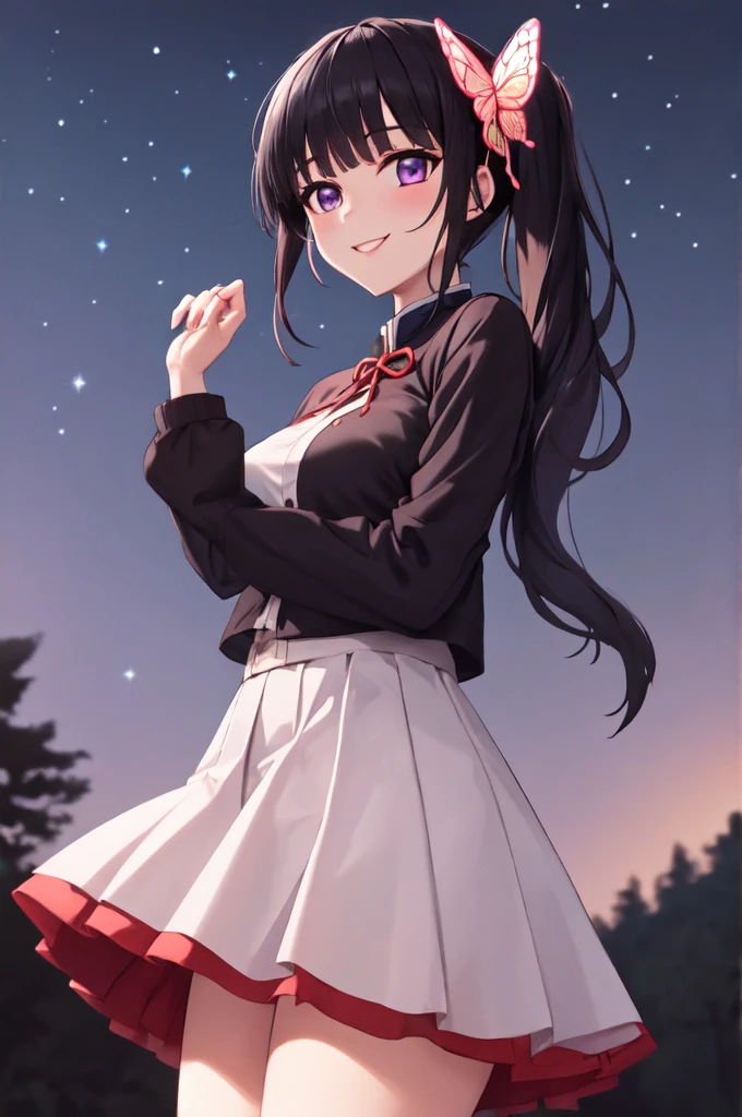 (masterpiece:1.3), (best quality:1.1), (8k, ultra detailed, ultra high res:1.2), ((anime style)), perfect 5 fingers, perfect anatomy, 
1girl,
Kanao Tsuyuri, 
BREAK long hair, side ponytail, 
black hair, 
purple eyes, 
butterfly hair ornament, 
(medium breasts:0.9),  
BREAK purple shirt, pleated skirt, long sleeves white haori, 
smile, 
looking at viewer, 
cowboy shot, 
perfect light, 
outdoors, forest, field, (night time, night sky, starry sky:1.2),