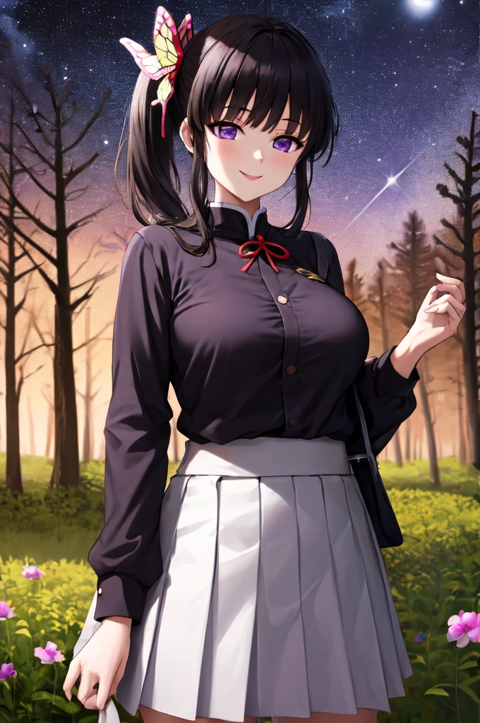 (masterpiece:1.3), (best quality:1.1), (8k, ultra detailed, ultra high res:1.2), ((anime style)), perfect 5 fingers, perfect anatomy, 
1girl,
Kanao Tsuyuri, 
BREAK long hair, side ponytail, 
black hair, 
purple eyes, 
butterfly hair ornament, 
(medium breasts:0.9),  
BREAK purple shirt, pleated skirt, long sleeves white haori, 
smile, 
looking at viewer, 
cowboy shot, 
perfect light, 
outdoors, forest, field, (night time, night sky, starry sky:1.2),