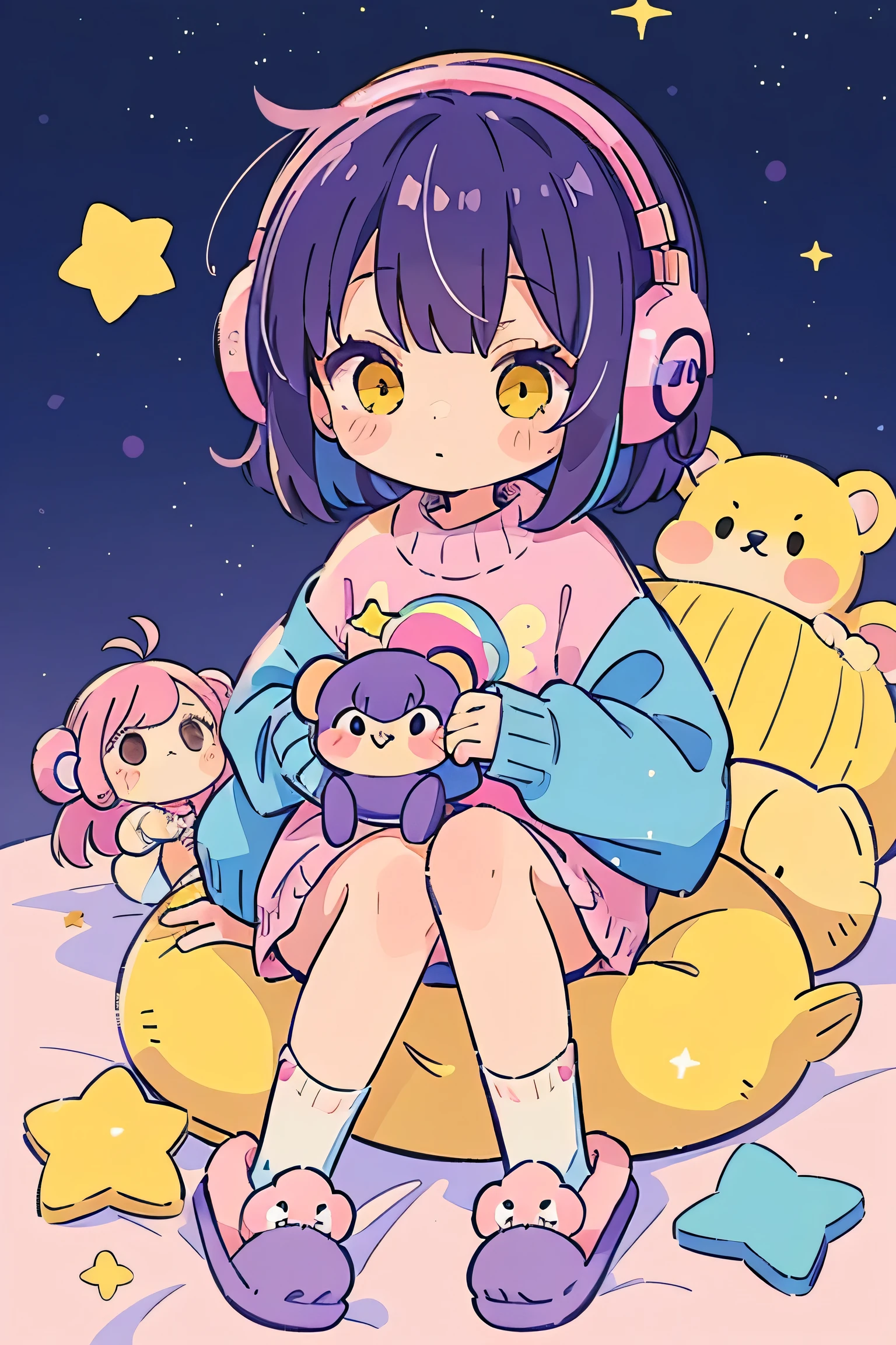 monkey Girl, Solo, Fluffy clothes, Sweaters, sleeves, sox, Slippers, Pastel colors, (Purple, Blue, Pink, yellow), Cozy, Dreamy, Stars, a sticker, Bubbles, Glitter, brilliance, plushies, headphones,most beautiful girl ever、Chibi, Colorful bob hair