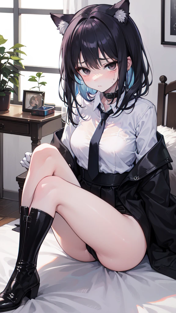 18-year-old girl，cute，Wear a white long-sleeved shirt and a black jacket and a black work tie，Wear black trousers，Wear black booties，Wear white gloves，wear cat ear，Wearing a collar，Black hair，Black eyes，Very thin waist，Very thin legs，Handsome，Disdainful and cold expression，shy，blush，scared，Sweating，tired，Outflow semen，Is giving sexual assault，crying，porn action