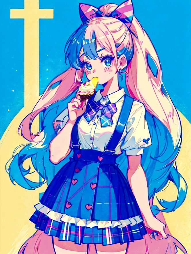 A cute girl,Anime art style,Head close-up,Big eyes with long eyelashes,Hair tied at the back,The big bow is decorated with colorful plaid,She eats a fruit pie at a vintage dessert shop with a retro neon sign,Surrounded by colorful desserts poster。She has blue eyes and fair skin.。She was wearing a blue and white plaid suspender skirt,A bow is tied around the neck。Bright colors,Strong contrast,Kawaii punk aesthetic