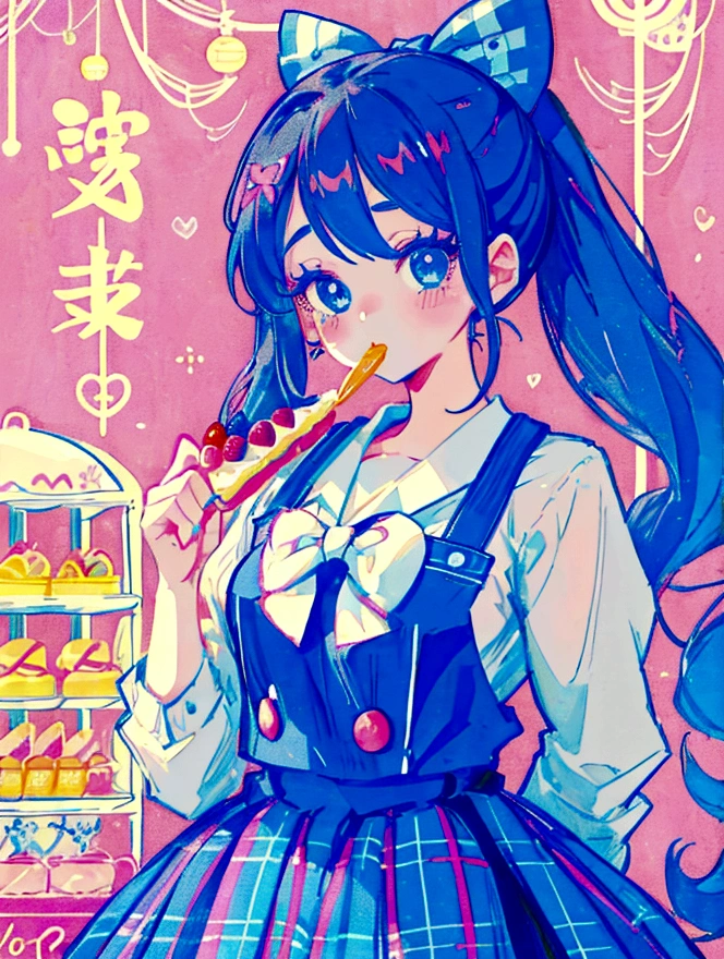 A cute girl，Anime art style，Head close-up，Big eyes with long eyelashes，Hair tied at the back，The big bow is decorated with colorful plaid，She eats a fruit pie at a vintage dessert shop with a retro neon sign，Surrounded by colorful desserts poster。She has blue eyes and fair skin.。She was wearing a blue and white plaid suspender skirt，A bow is tied around the neck。Bright colors，Strong contrast，Kawaii punk aesthetic