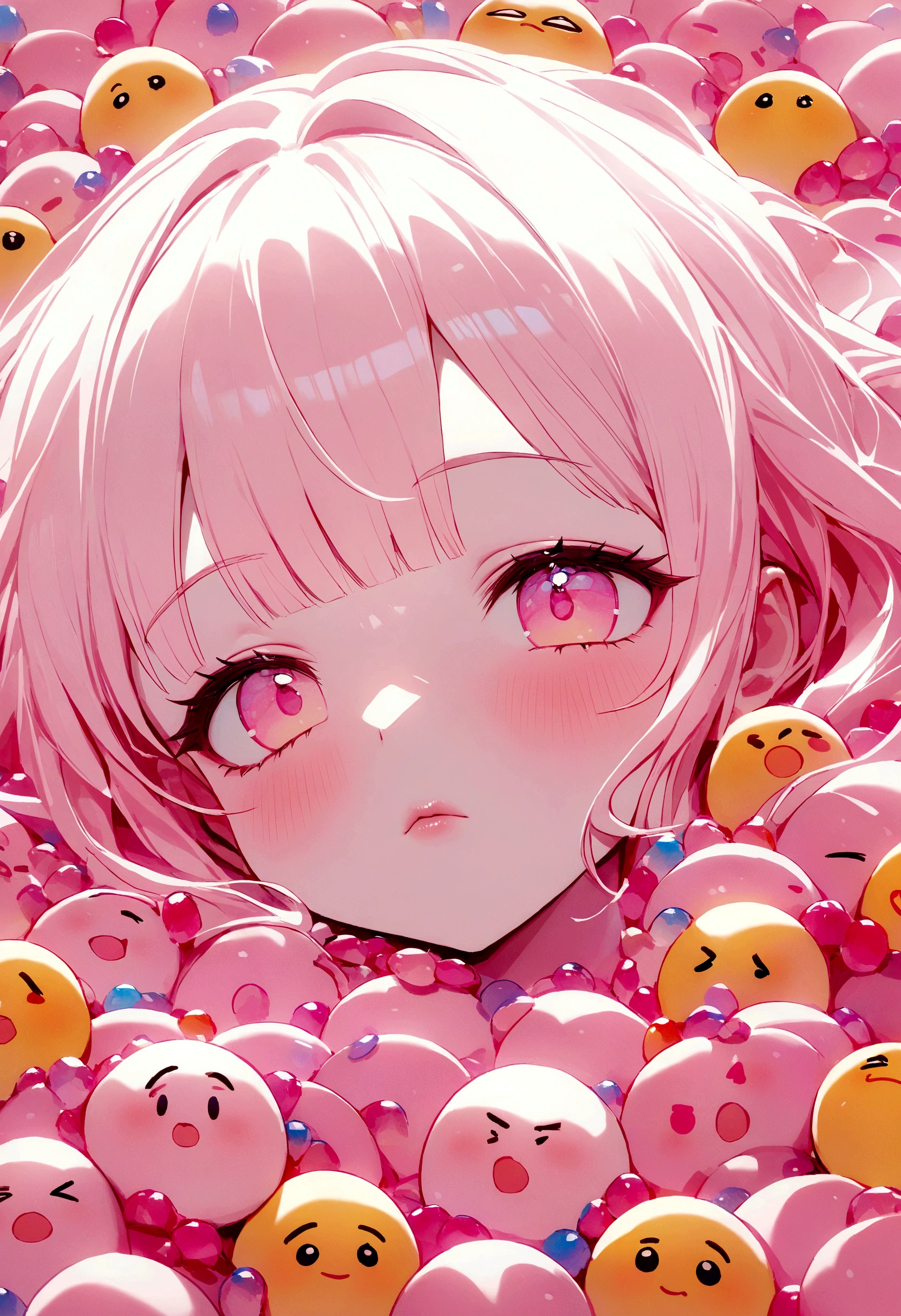 C4D,Q version,Pink dream emoji,frown,Grin,expression,thick lips,Yellow face,Close-up,Backlight,Lying in a pile of tiny pink emojis