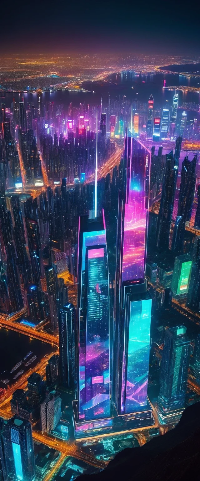 Highest quality,(masterpiece:1.2),Ultra-high resolution,RAW color photos,8K,Vast landscape photography,Realistic photos,Elaborate photos,Night view from the sky,Cyberpunk City,Skyscraper,neon,Projected Hologram,Depth of written boundary,Wide Light,Low Contrast,Backlight,Sharp focus,Vibrant colors,Dynamic composition
