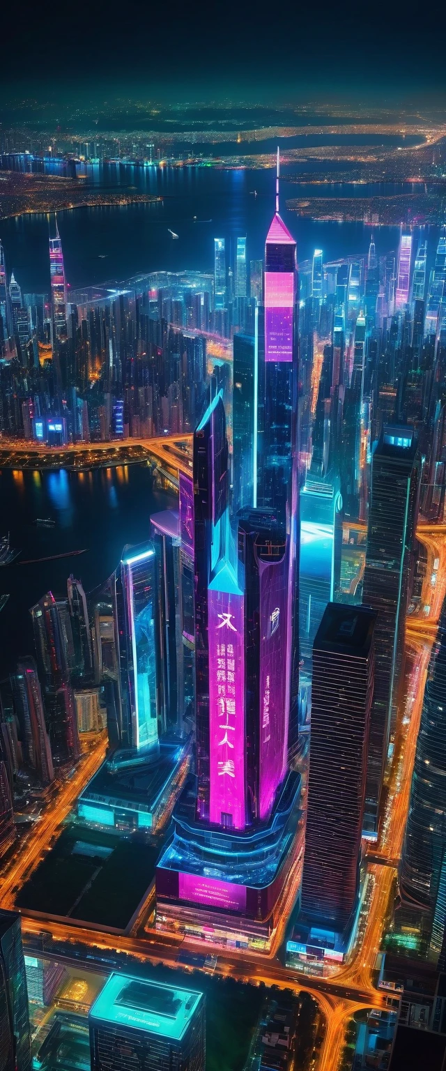 Highest quality,(masterpiece:1.2),Ultra-high resolution,RAW color photos,8K,Vast landscape photography,Realistic photos,Elaborate photos,Night view from the sky,Cyberpunk City,Skyscraper,neon,Projected Hologram,Depth of written boundary,Wide Light,Low Contrast,Backlight,Sharp focus,Vibrant colors,Dynamic composition
