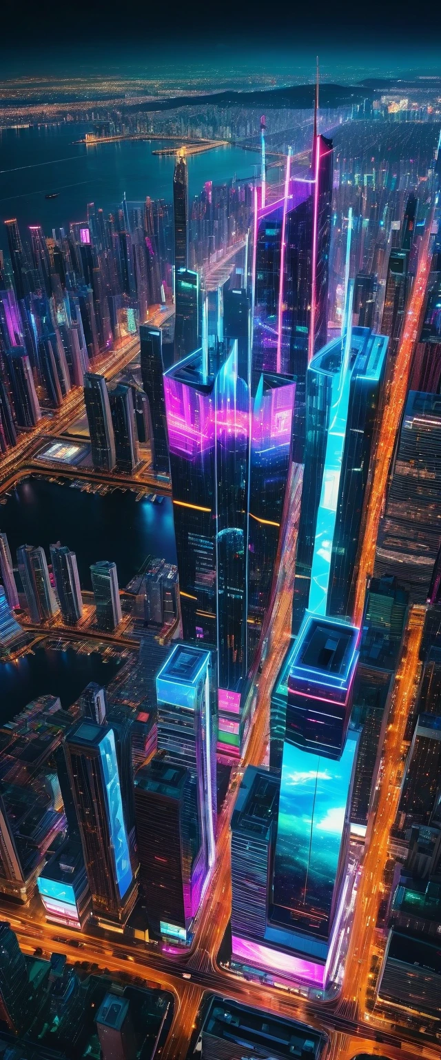 Highest quality,(masterpiece:1.2),Ultra-high resolution,RAW color photos,8K,Vast landscape photography,Realistic photos,Elaborate photos,Night view from the sky,Cyberpunk City,Skyscraper,neon,Projected Hologram,Depth of written boundary,Wide Light,Low Contrast,Backlight,Sharp focus,Vibrant colors,Dynamic composition
