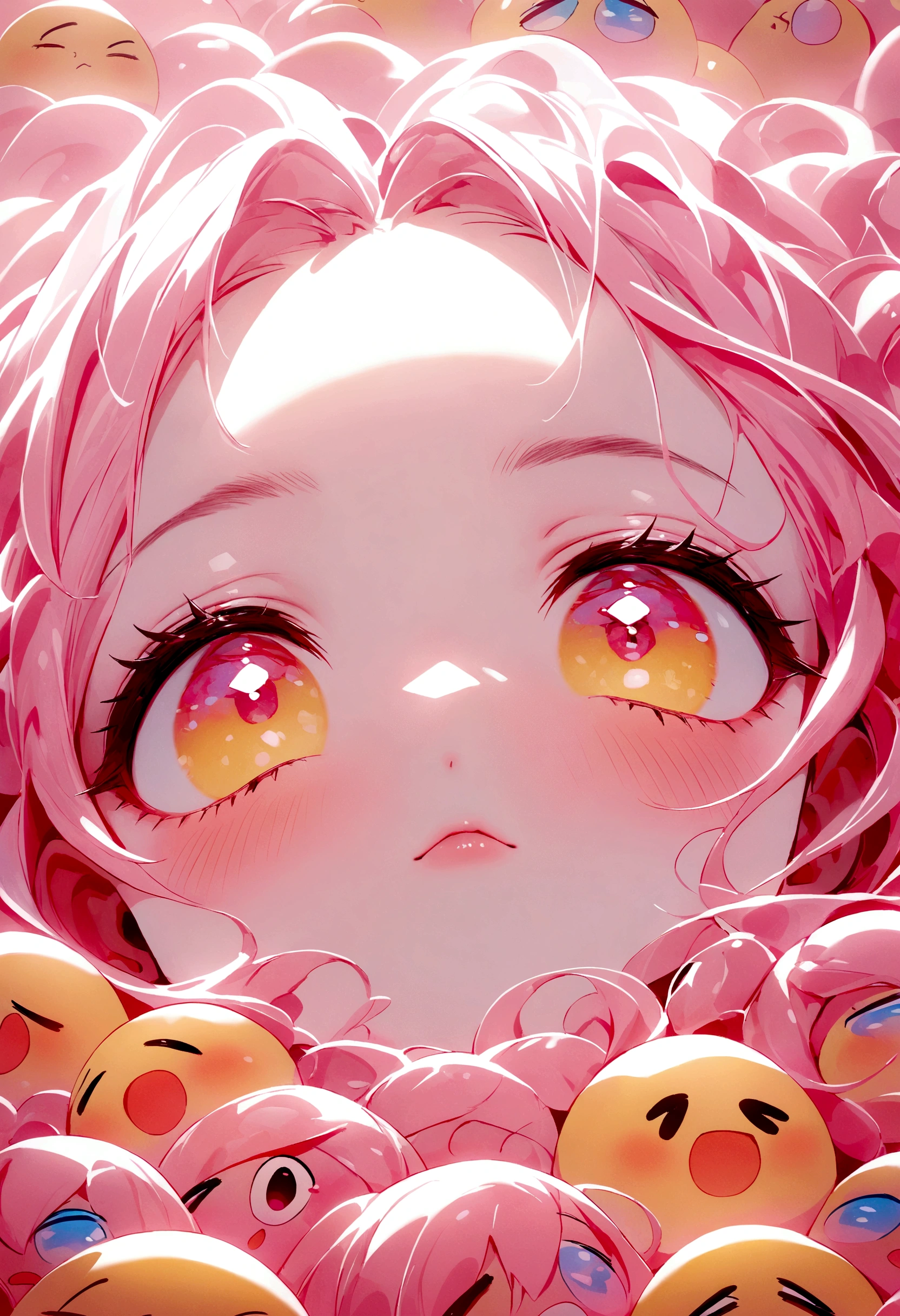 C4D,Q version,Pink dream emoji,frown,Grin,expression,thick lips,Yellow face,Close-up,Backlight,Lying in a pile of tiny pink emojis