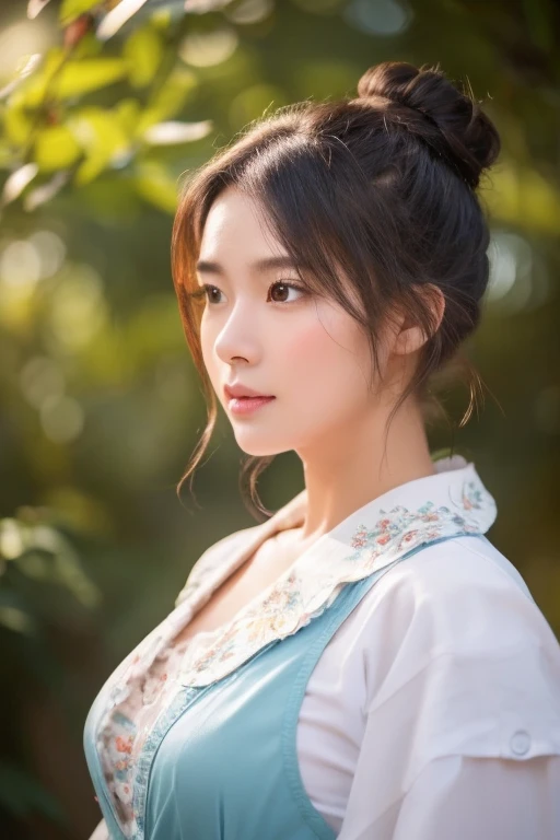 Brownish black hair, Iris, Fair skin, Face like goose eggs, atmosphereのある顔の特徴, expensive, Confidence and strength, Firm and plump, Curly Hair, Hair Bun, With hairpin, Red Rose, Blue Butterfly, White Rabbit, Official Quality, mysterious, Light and shadow, Correct Proportions, aesthetics, atmosphere,