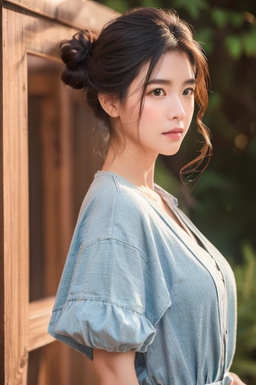 Brownish black hair, Iris, Fair skin, Face like goose eggs, atmosphereのある顔の特徴, expensive, Confidence and strength, Firm and plump, Curly Hair, Hair Bun, With hairpin, Red Rose, Blue Butterfly, White Rabbit, Official Quality, mysterious, Light and shadow, Correct Proportions, aesthetics, atmosphere,