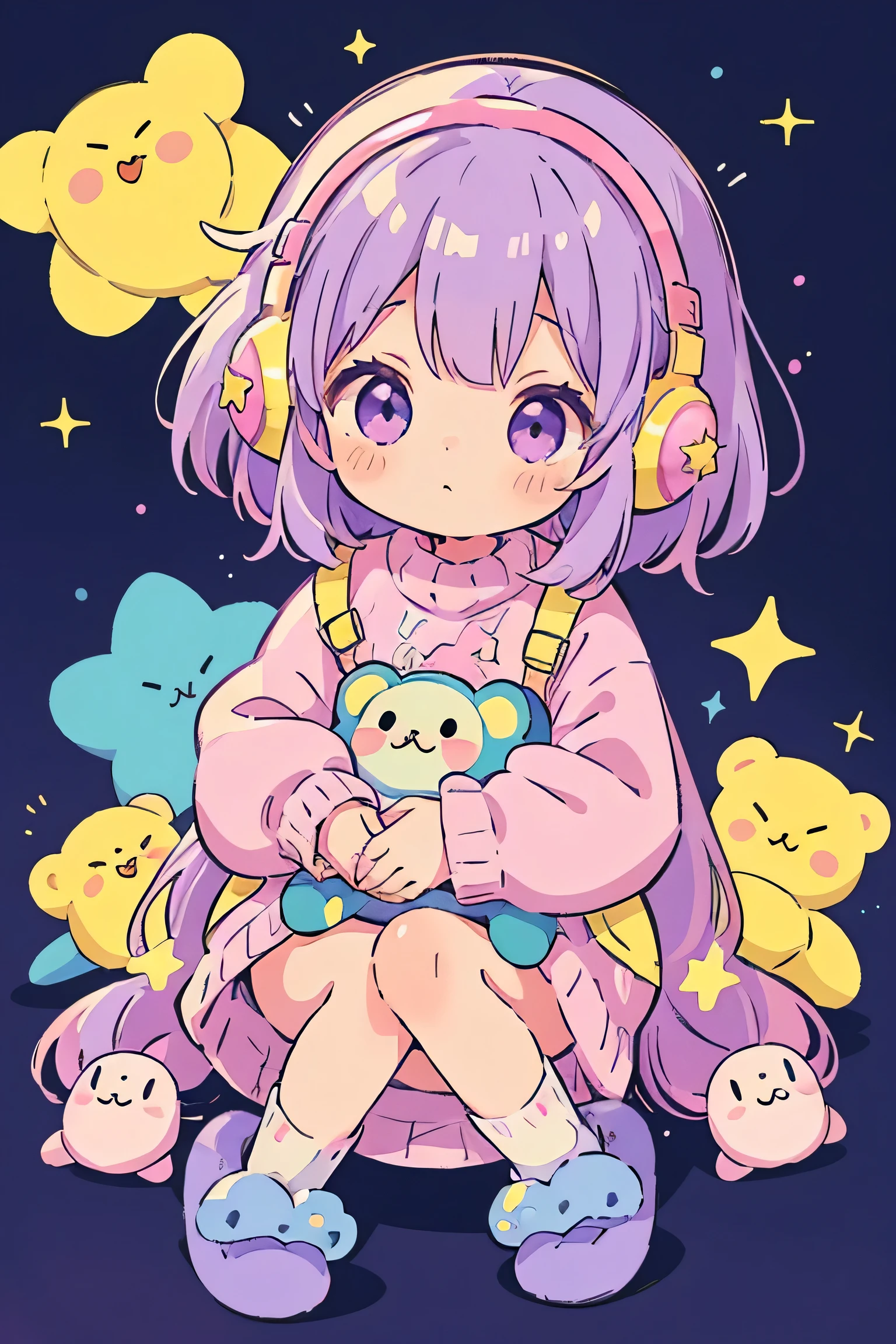 monkey Girl, Solo, Fluffy clothes, Sweaters, sleeves, sox, Slippers, Pastel colors, (Purple, Blue, Pink, yellow), Cozy, Dreamy, Stars, a sticker, Bubbles, Glitter, brilliance, plushies, headphones,most beautiful girl ever、Chibi, Colorful bob hair
