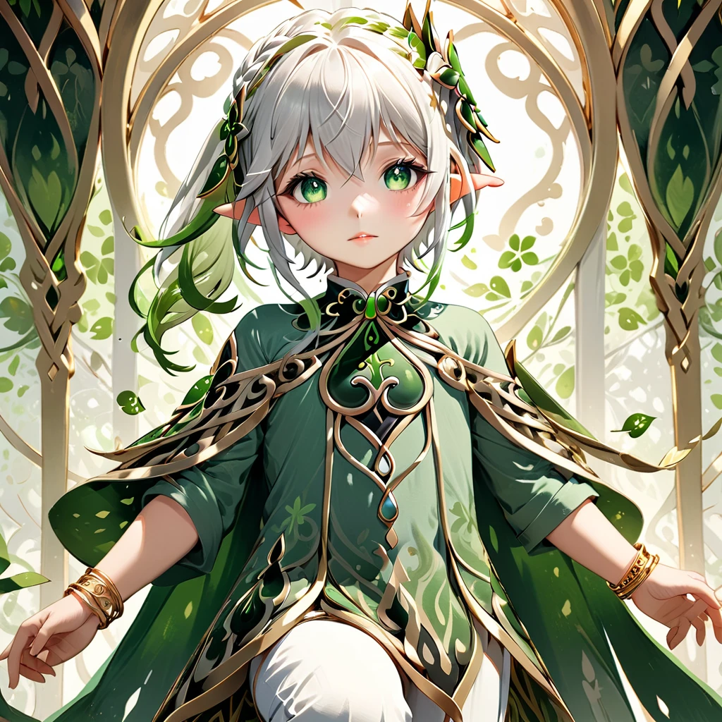 He appears as a fair-skinned young boy with gray hair styled in a side braid and a ponytail. He has large green eyes and wears a large green headdress on one side of his head, which is also framed by uneven bangs. Additionally, he has flawless, perfect fingers and hands. Nahida's attire consists of a white dress adorned with green and gold details, loose sleeves of patterned green fabric, and a gold bracelet on his right wrist. His dress is embellished with various green gems and decorated with intricate golden patterns. Underneath, he wears white trousers. On his back, he wears a split pale green cloak and white sandals surrounded by gold that expose his toes.