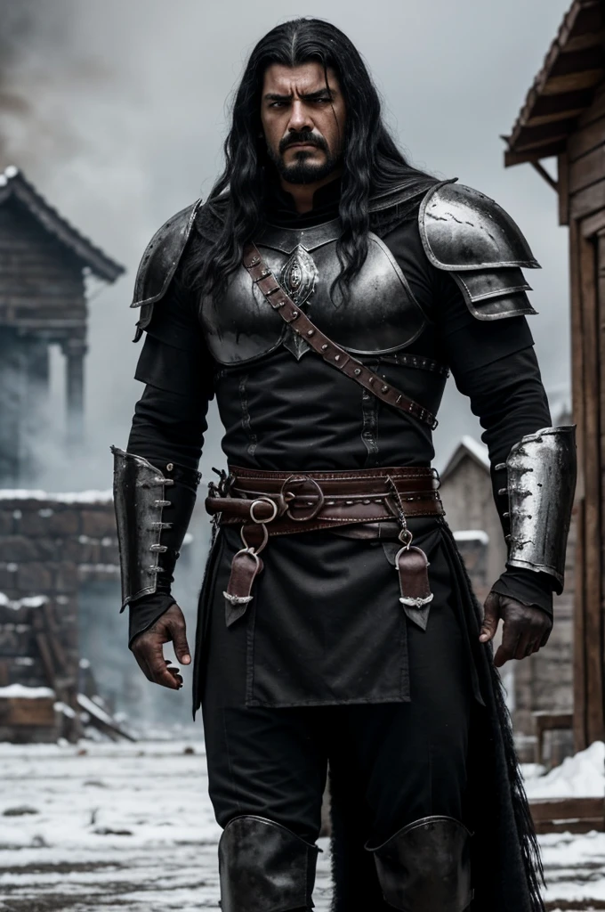 A dark and intimidating warrior, Hernán has an aura of danger and power. He's tall and sturdy, with obvious musculature. Her hair is black and shaggy, matching the dark eyes that hold an intense anger. His armor is dark and imposing, made of black metal with deep red details, reflecting his malevolent nature. His expression is one of pure malice and relentless determination.. Hernán exudes an oppressive presence, ready to destroy anyone who opposes him. The background is snow and houses are on fire, fire everywhere. facefocus