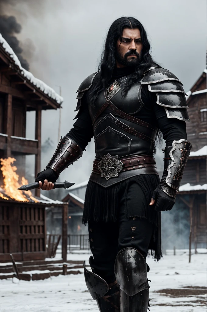 A dark and intimidating warrior, Hernán has an aura of danger and power. He's tall and sturdy, with obvious musculature. Her hair is black and shaggy, matching the dark eyes that hold an intense anger. His armor is dark and imposing, made of black metal with deep red details, reflecting his malevolent nature. His expression is one of pure malice and relentless determination.. Hernán exudes an oppressive presence, ready to destroy anyone who opposes him. The background is snow and houses are on fire, fire everywhere. facefocus