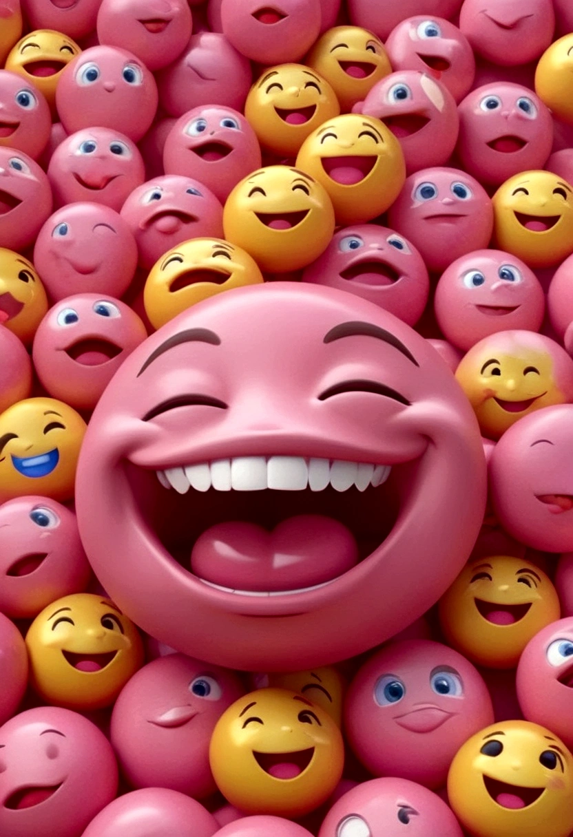 C4D,Q version,Pink dream emoji,frown,Grin,expression,thick lips,Yellow face,Close-up,Backlight,Lying in a pile of tiny pink emojis