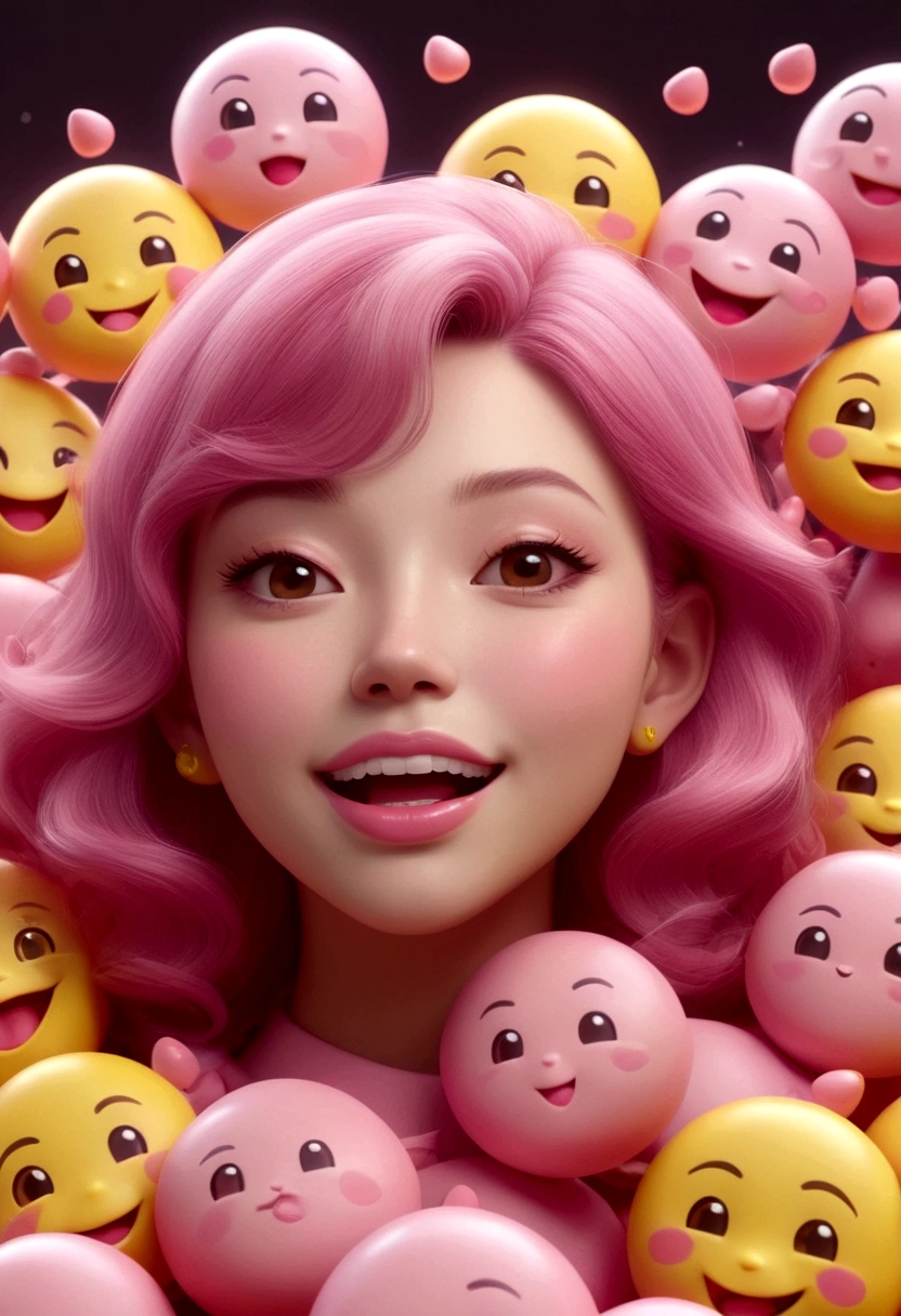 C4D,Q version,Pink dream emoji,frown,Grin,expression,thick lips,Yellow face,Close-up,Backlight,Lying in a pile of tiny pink emojis