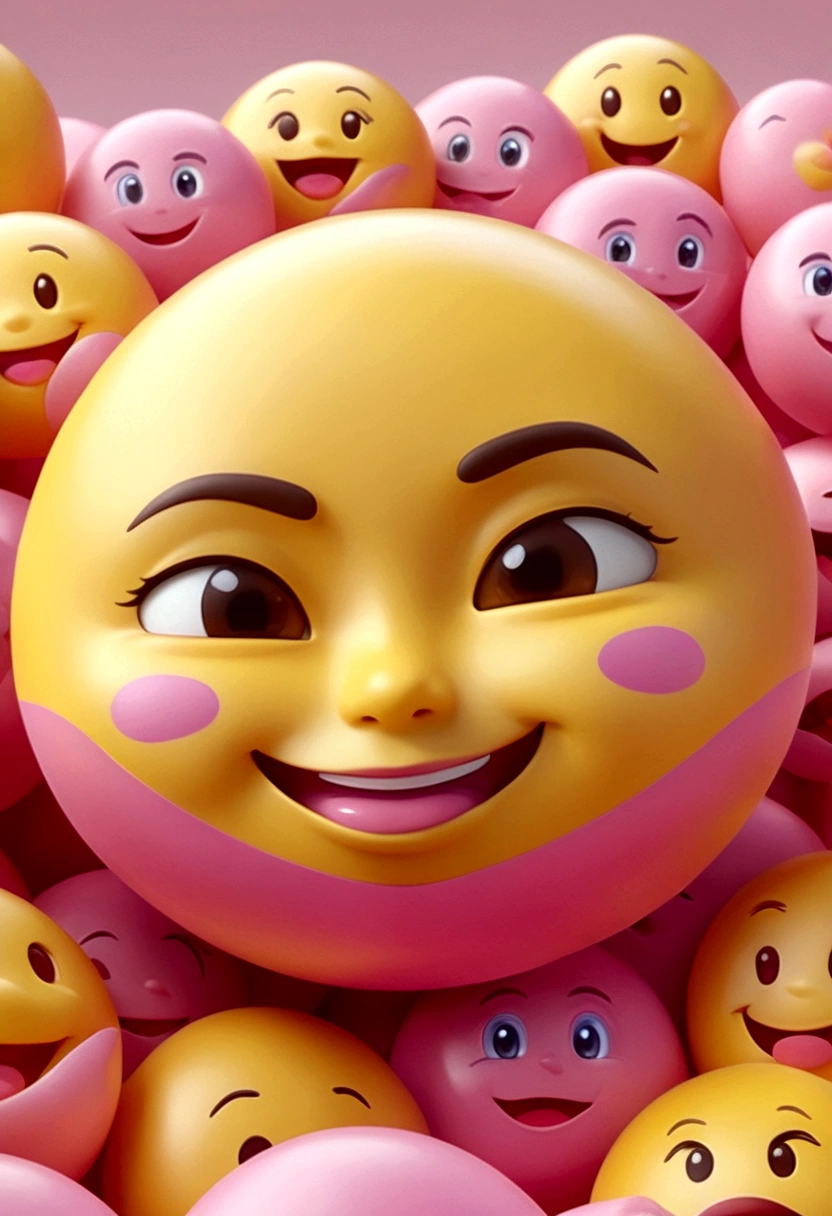 C4D,Q version,Pink dream emoji,frown,Grin,expression,thick lips,Yellow face,Close-up,Backlight,Lying in a pile of tiny pink emojis