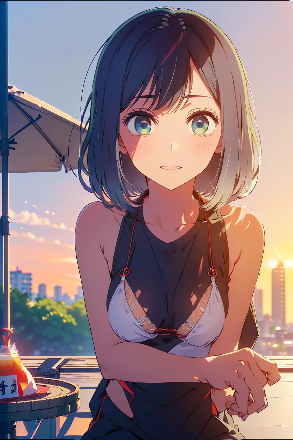 (Highest quality:1.4、masterpiece:1.4、Super detailed:1.4、8K:1.4)、F cup bust、Big Breasts、Slim body、((((1 person、Surprised expression、sit、In the background are the urban buildings of Tokyo、looking at the camera、Outdoor café terrace、Sunset Beach、Navy hair color、Shooting from a distance、juice、table、sunset、Very cute face))))、(Cheek resting on hand:1.4）、((nude、Areola、bikini size too small))、A completely cloudless sky、Big eyes、((((Shallow depth of field))))