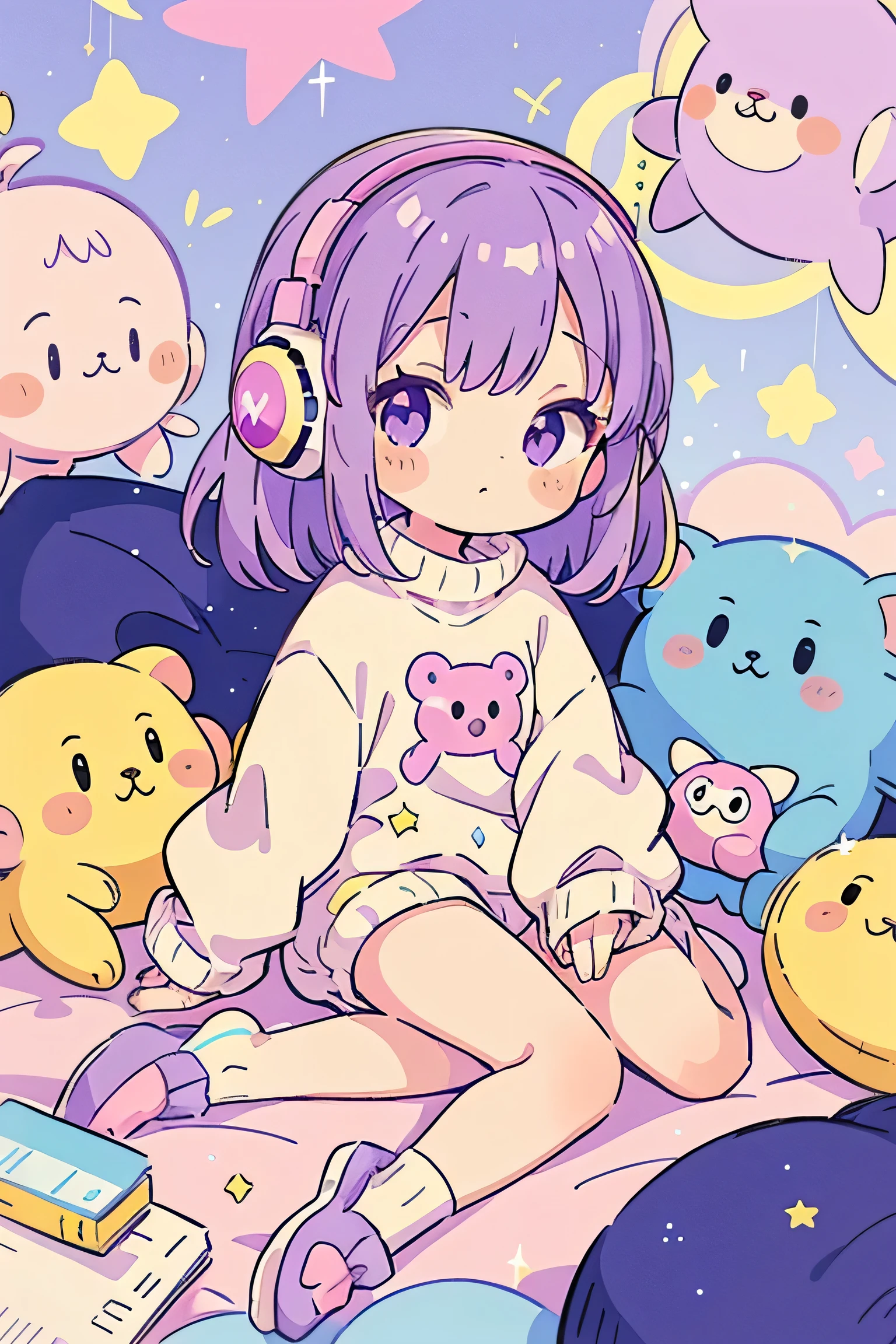 monkey Girl, Solo, Fluffy clothes, Sweaters, sleeves, sox, Slippers, Pastel colors, (Purple, Blue, Pink, yellow), Cozy, Dreamy, Stars, a sticker, Bubbles, Glitter, brilliance, plushies, headphones,most beautiful girl ever、Chibi, Colorful bob hair