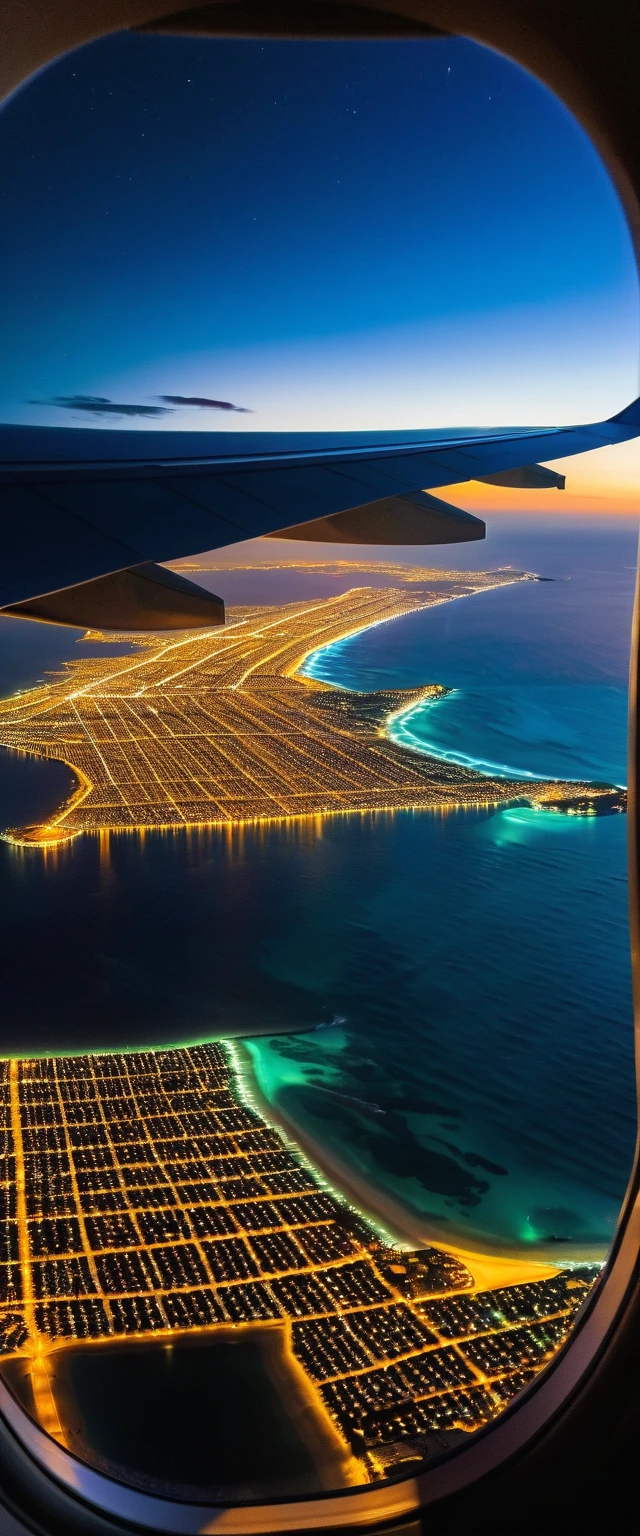 Highest quality,(masterpiece:1.2),Ultra-high resolution,RAW color photos,8K,Vast landscape photography,Realistic photos,Elaborate photos,View from the window of a landing plane,night,Ocean,Streetscape,Depth of written boundary,Wide Light,Low Contrast,Backlight,Sharp focus,Vibrant colors,Dynamic composition