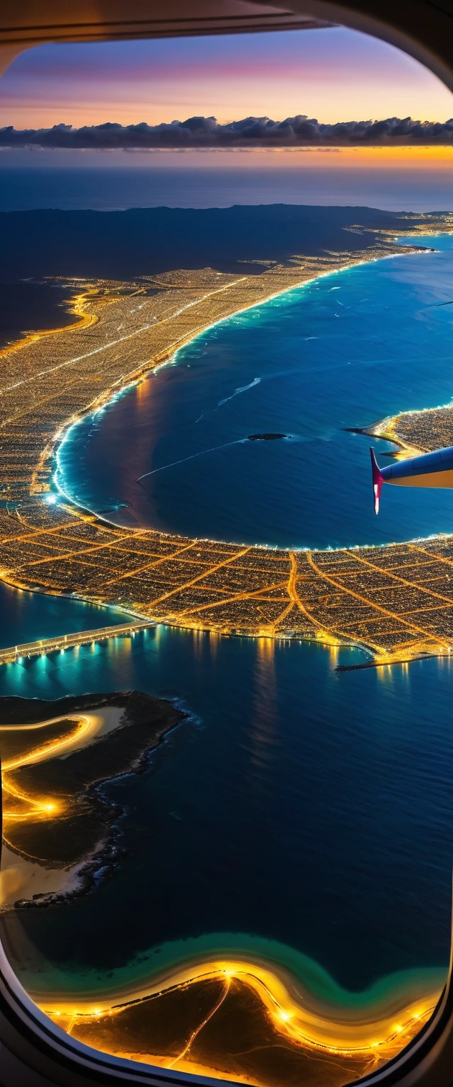 Highest quality,(masterpiece:1.2),Ultra-high resolution,RAW color photos,8K,Vast landscape photography,Realistic photos,Elaborate photos,View from the window of a landing plane,night,Ocean,Streetscape,Depth of written boundary,Wide Light,Low Contrast,Backlight,Sharp focus,Vibrant colors,Dynamic composition