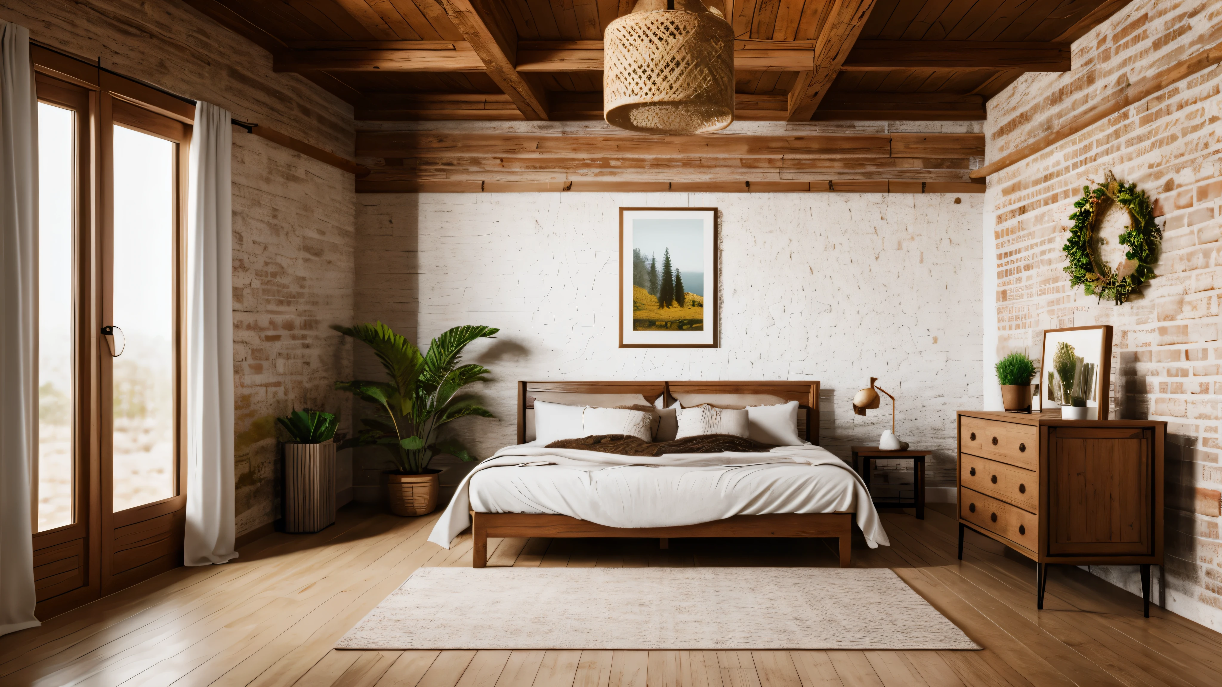 Mockup frame in nomadic boho interior background with rustic decor, 3d render