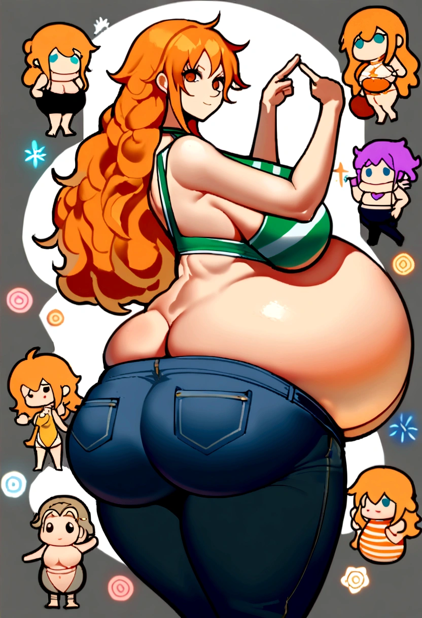 obra de arte, ((fundo ultra detalhado, padrão delicado, detalhe intrincado)), (altamente detalhado, detalhes finos), melhor qualidade, bela iluminação, ((seios grandes, moça esbelta)), NamiV3, nami (one piece), Long hair, orange hair, narrow waist, green bikini top, striped bikini top, undersized bikini, skinny jeans, perfect bust, large breasts, bewitching breasts, dark orange eyes, scenery, seductive smile, playing with coin, light smile, seductive look, open jeans, femme fatale, perfect ass, from behind, stretching, posing sexy, heavenly ass, tight jeans, ass, amazing ass, greatest ass, detailed ass, toned ass, huge belly, massive belly, enormous belly, giant belly, huge belly, massive belly, enormous belly, giant belly, huge belly, massive belly, enormous belly, giant belly, huge belly, massive belly, enormous belly, giant belly, huge belly, massive belly, enormous belly, giant belly, huge belly, massive belly, enormous belly, giant belly, huge belly, massive belly, enormous belly, giant belly, huge belly, massive belly, enormous belly, giant belly, huge belly, massive belly, enormous belly, giant belly, huge belly, massive belly, enormous belly, giant belly, huge belly, massive belly, enormous belly, giant belly, huge belly, massive belly, enormous belly, giant belly, huge belly, massive belly, enormous belly, giant belly, huge belly, massive belly, enormous belly, giant belly, huge belly, massive belly, enormous belly, giant belly, huge belly, massive belly, enormous belly, giant belly, huge belly, massive belly, enormous belly, giant belly, huge belly, massive belly, enormous belly, giant belly, huge belly, massive belly, enormous belly, giant belly, huge belly, massive belly, enormous belly, giant belly, huge belly, massive belly, enormous belly, giant belly, huge belly, massive belly, enormous belly, giant belly, h