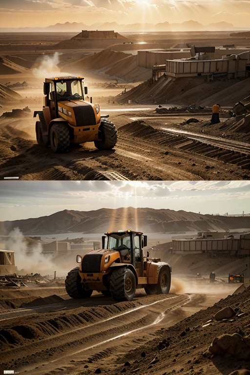 raw, orange lonking wheel loader LG 833 sand desert, construction site, workers, epic, absurdres, cinematic, dynamic view angle, volumetric lights, mist, cinematic, dutch angle, quarry, dust, volumetric lights, wet road after rain, mist, sunset, sun low on horizon, clouds