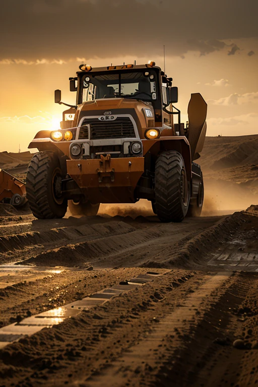 raw, orange lonking wheel loader LG 833 sand desert, construction site, workers, epic, absurdres, cinematic, dynamic view angle, volumetric lights, mist, cinematic, dutch angle, quarry, dust, volumetric lights, wet road after rain, mist, sunset, sun low on horizon, clouds