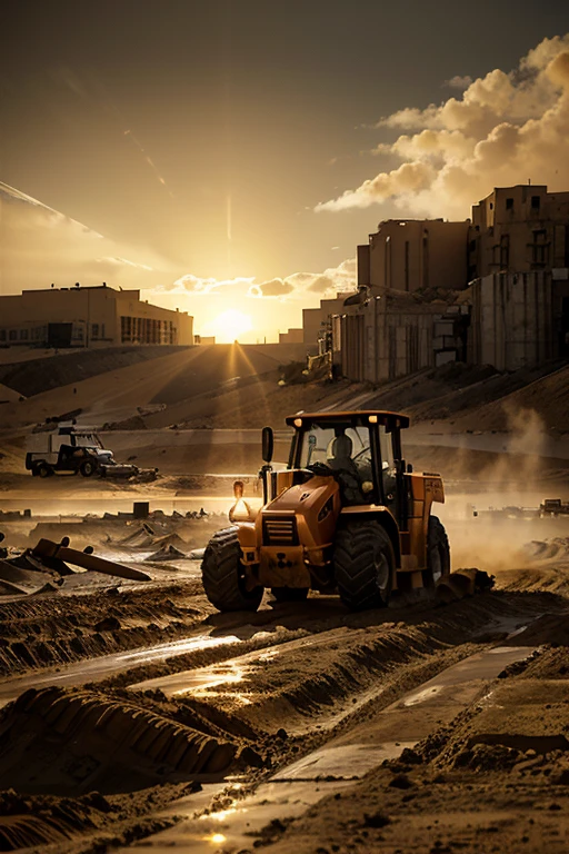 raw, orange lonking wheel loader LG 833 sand desert, construction site, workers, epic, absurdres, cinematic, dynamic view angle, volumetric lights, mist, cinematic, dutch angle, quarry, dust, volumetric lights, wet road after rain, mist, sunset, sun low on horizon, clouds