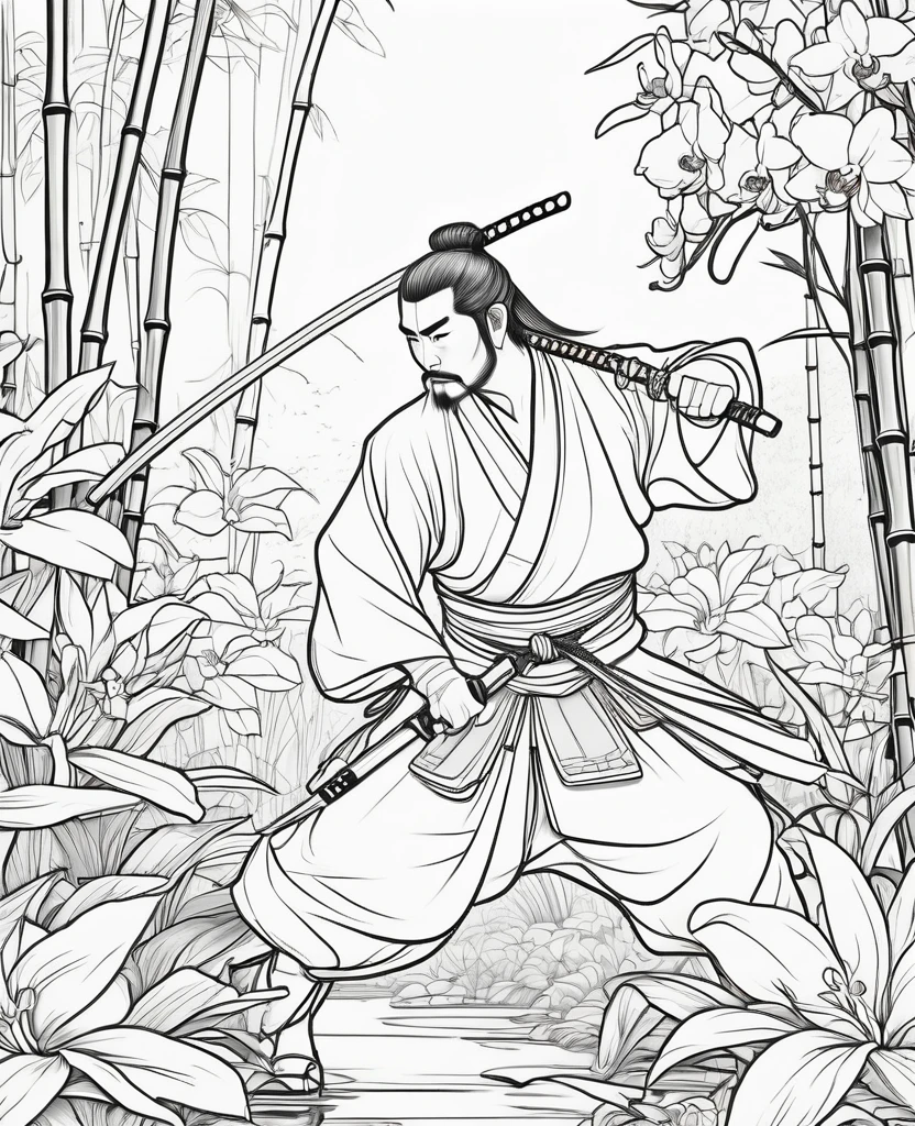 line drawing, Pixar Style, coloring page, A Samurai Fighting Among Vibrant Orchids in an Asian-Inspired Bamboo Forest, Coloring bookAF,Blank white background,Coloring bookRedmond-ColoringBook