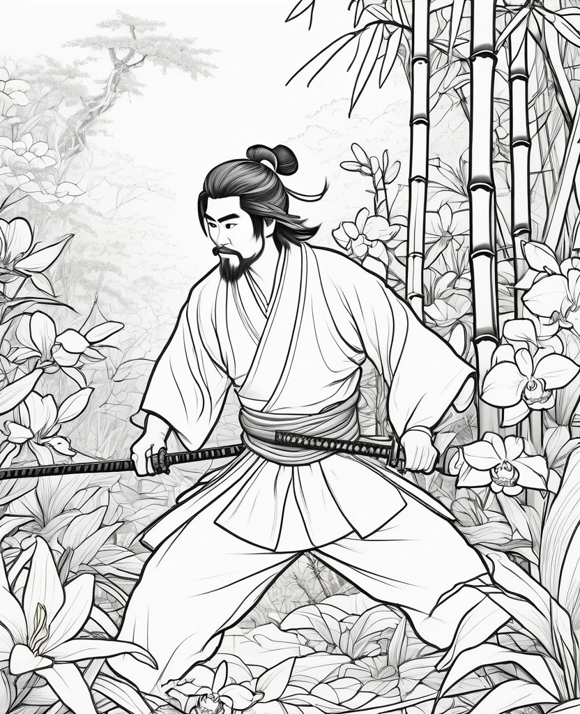 line drawing, Pixar Style, coloring page, A Samurai Fighting Among Vibrant Orchids in an Asian-Inspired Bamboo Forest, Coloring bookAF,Blank white background,Coloring bookRedmond-ColoringBook