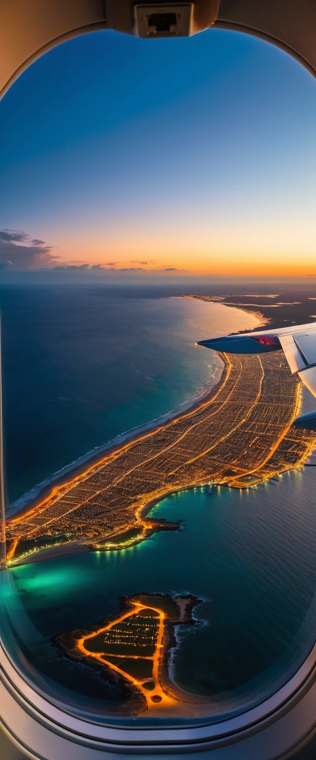 Highest quality,(masterpiece:1.2),Ultra-high resolution,RAW color photos,8K,Vast landscape photography,Realistic photos,Elaborate photos,View from the window of a landing plane,evening,Ocean,Streetscape,,Depth of written boundary,Wide Light,Low Contrast,Backlight,Sharp focus,Vibrant colors,Dynamic composition