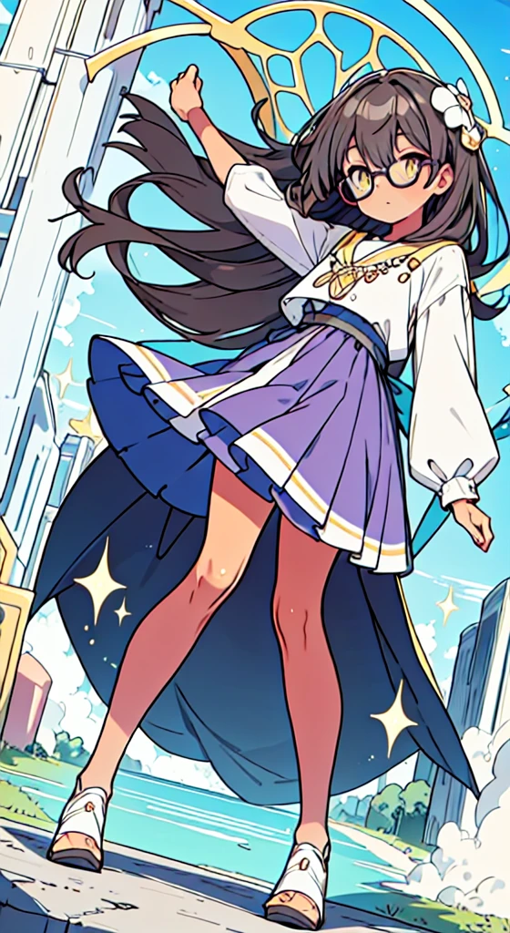 masuter piece, Best Quality,32K、Wallpaper, ultra -detail, Absurd beauty, 1Beautifulwoman、adult woman, Big eyes with sparkly、Hair fluttering in the wind、:O、thick long legs、Smaller head、miscievous smile、Angle looking up from below:1.3、Angle from which you can see the whole body, hair color purple, tan skin, circle glasses, brown skin, yellow eyes