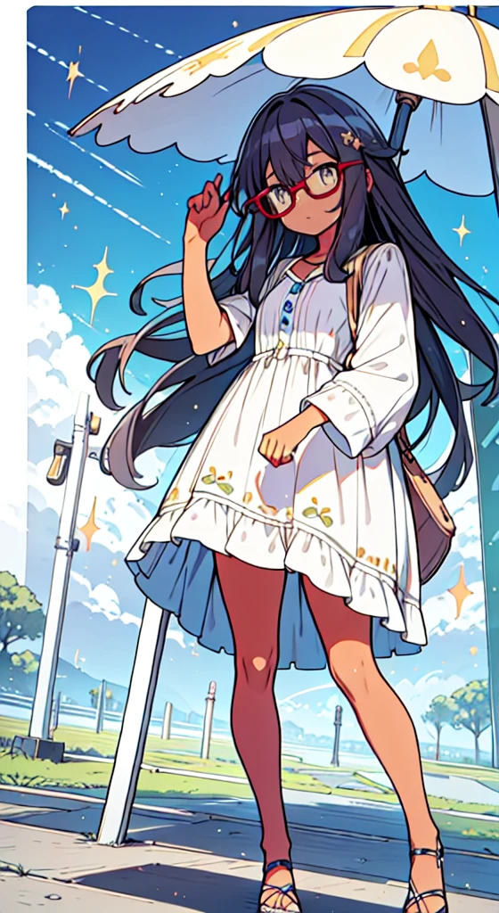 masuter piece, Best Quality,32K、Wallpaper, ultra -detail, Absurd beauty, 1Beautifulwoman、adult woman, Big eyes with sparkly、Hair fluttering in the wind、:O、thick long legs、Smaller head、miscievous smile、Angle looking up from below:1.3、Angle from which you can see the whole body, hair color purple, tan skin, circle glasses, brown skin, yellow eyes