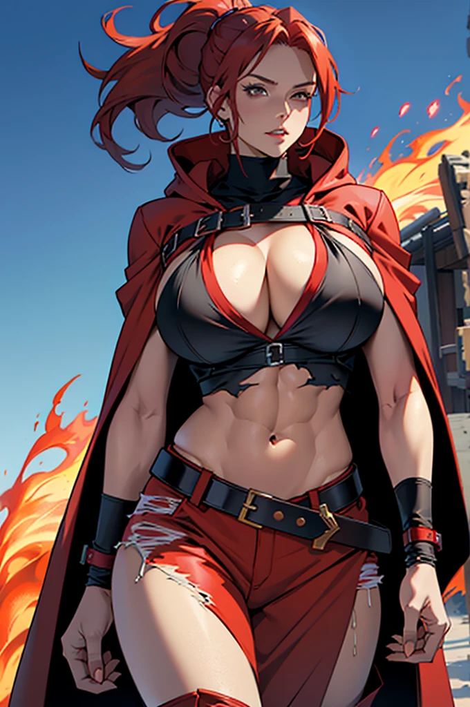 masterpiece, best quality, anime style, ultra detailed, red hair, ponytail, tall female, (mature lady:1.3) chest sarashi, navel, perfect abs, perfect body proportions, red pants with fire motif, belt, boots, desert, cape, torn clothes, cloak, hooded cloak, ((sagging breast, huge breast:1.3))