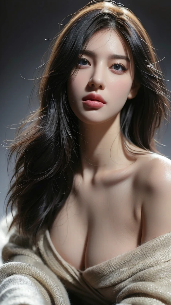 ((best quality, 8K, masterpiece :1.3)), very detailed, facing the camera head, intricately detailed, realistic, sharp features, very detailed, sharp focus, perfect face, perfectly symmetrical, perfect eyes, perfect lips, Flexible female form, cinematic, film light, very detailed, hyper realistic, masterpiece, atmosphere, high resolution, vibrant, dynamic studio lighting, NSFW, ((dark background)), sexy face, Facial expression when receiving joy, straight bangs, big bust, exposed cleavage, blue eyes, White sweater, bare shoulders, look at the viewer, atmosphere perspective, volumetric lighting, clear focus, absurd solution, realistic 비율, good anatomy, (realistic,Hyper-realistic:1.37), 16k HD, information, ((full shot)).