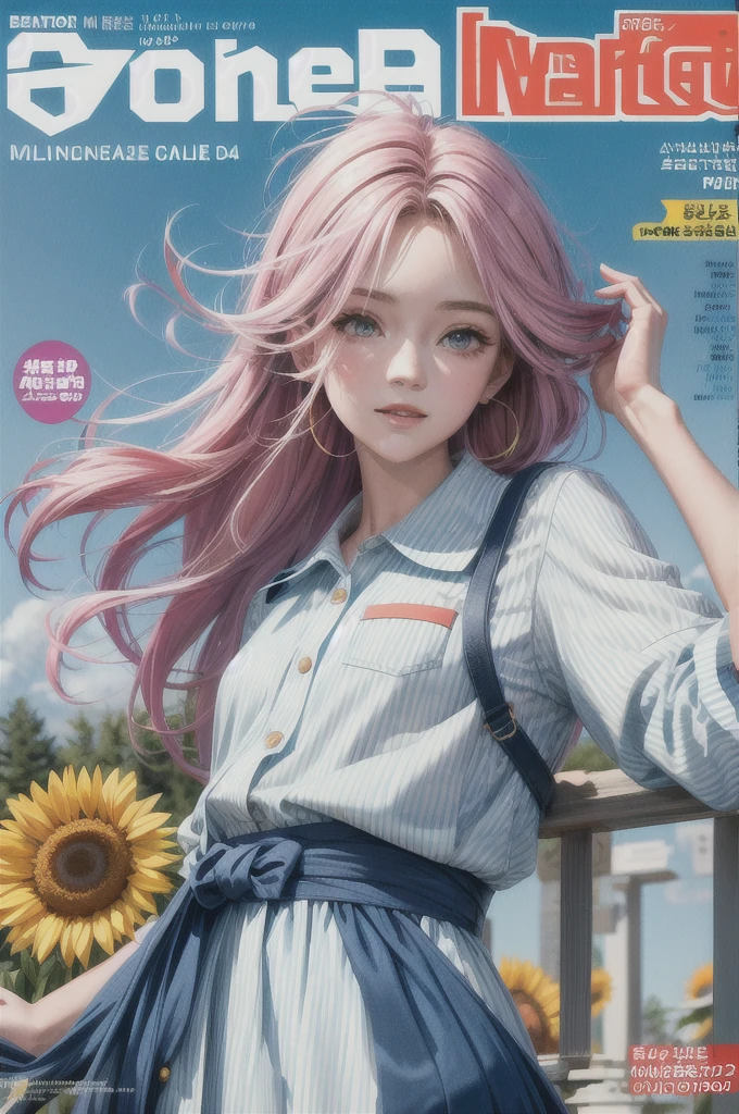 masterpiece, best quality, spring outfit, colorful hair, outdoor, magazine cover ,upper body,