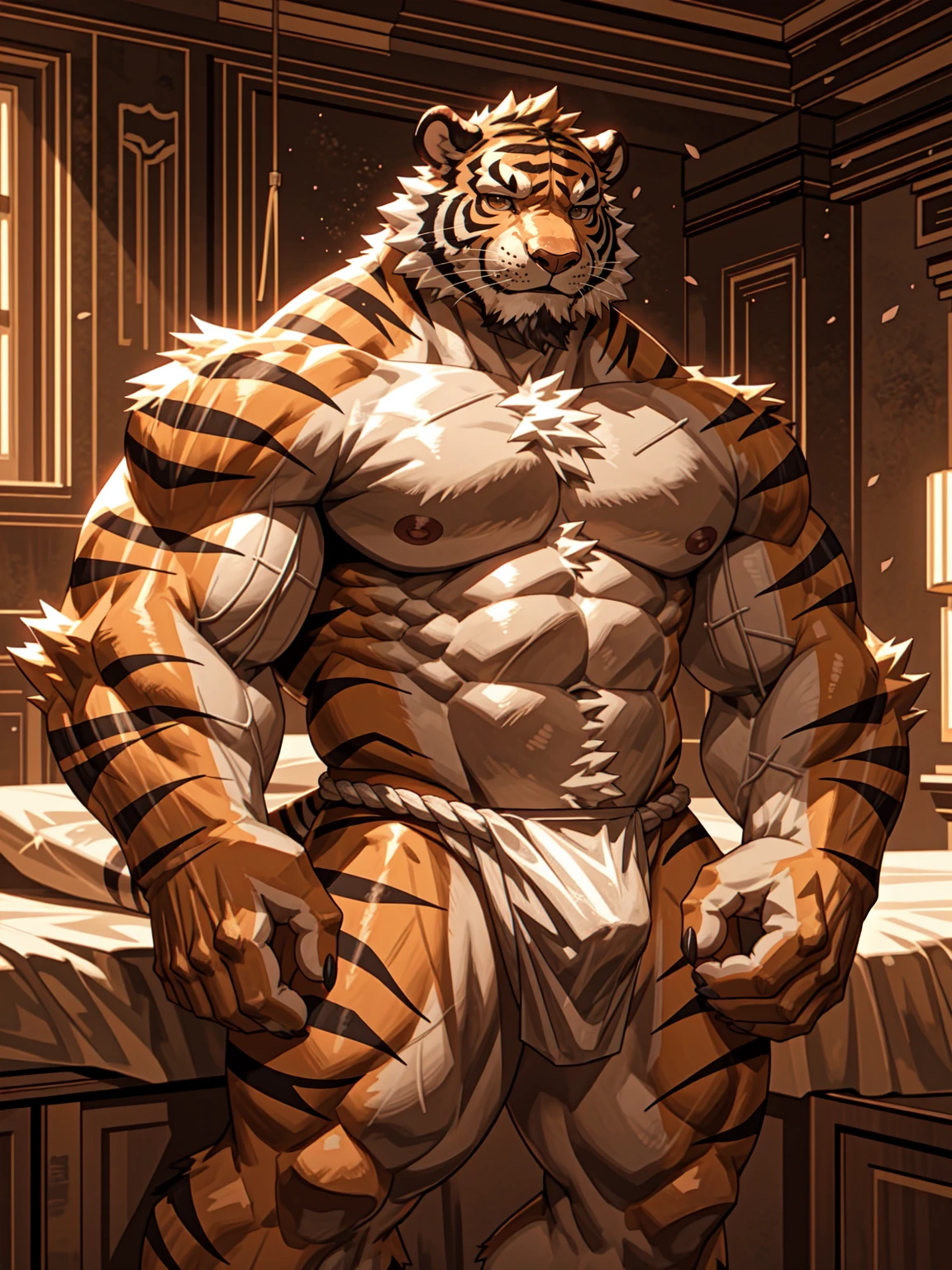  Solo, (bara:1.2), blush, orange fur, furry, (furry male:1.5),(male focus:1.2), (muscular:1.2),(orange tiger:1.4), muscular male,detail bedroom background, (happy), tail, (thick thighs), detailed eyes, focus on body, tail, (very detail),handsome, good anatomy, by lindong, looking at viewer, (detail in red tiny briefs:1.2), bulge,(red fundoshi),lindongstyle