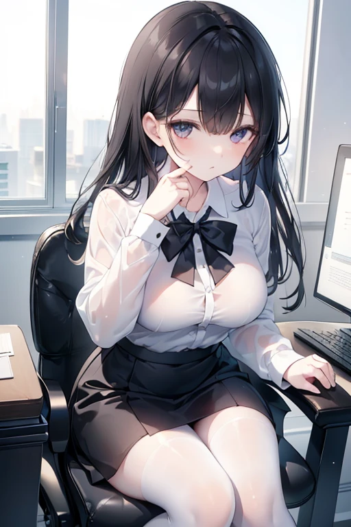 (masterpiece, best quality), a young black haired girl office secretary dressed in a transparent white blouse and black office skirt and black pantyhose ,sitting in an office chair, holding pencil, (detailed skin:1.3),(detailed eyes), (sharp focus),