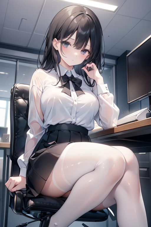 (masterpiece, best quality), a young black haired girl office secretary dressed in a transparent white blouse and black office skirt and black pantyhose ,sitting in an office chair, holding pencil, (detailed skin:1.3),(detailed eyes), (sharp focus),