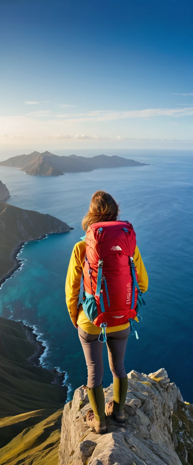 Highest quality,(masterpiece:1.2),Ultra-high resolution,RAW color photos,8K,Vast landscape photography,Middle-aged women,Mountaineering,Back view,(Outdoor clothing),(Large backpack),(From below,Woman standing on top of mountain,Gazing out at the vast ocean below),Beautiful sky,Beautiful sea,horizon,Depth of written boundary,Wide Light,Low Contrast,Backlight,Sharp focus,Vibrant colors,Dynamic composition
