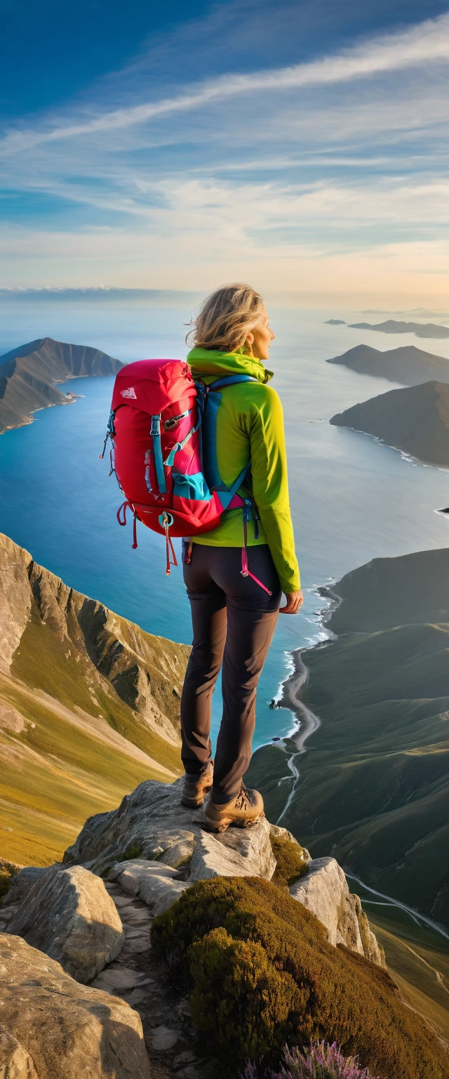 Highest quality,(masterpiece:1.2),Ultra-high resolution,RAW color photos,8K,Vast landscape photography,Middle-aged women,Mountaineering,Back view,(Outdoor clothing),(Large backpack),(From below,Woman standing on top of mountain,Gazing out at the vast ocean below),Beautiful sky,Beautiful sea,horizon,Depth of written boundary,Wide Light,Low Contrast,Backlight,Sharp focus,Vibrant colors,Dynamic composition
