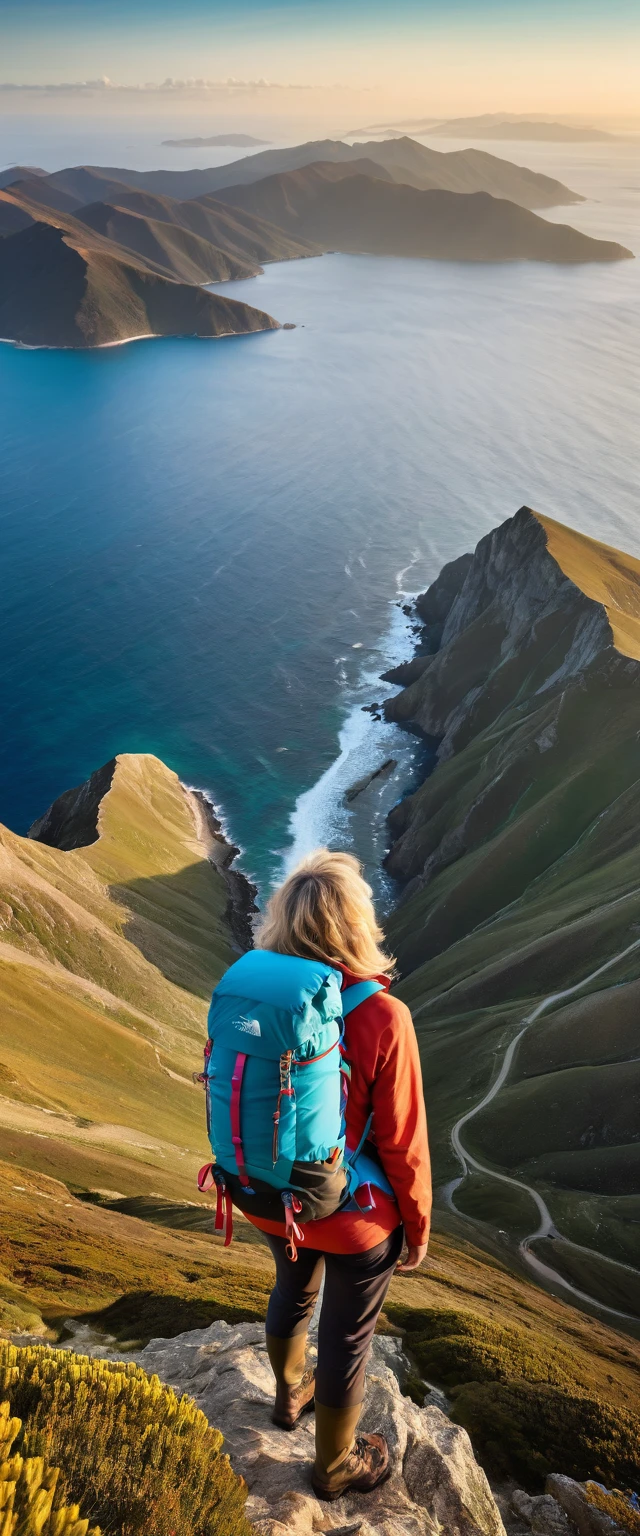 Highest quality,(masterpiece:1.2),Ultra-high resolution,RAW color photos,8K,Vast landscape photography,Middle-aged women,Mountaineering,Back view,(Outdoor clothing),(Large backpack),(From below,Woman standing on top of mountain,Gazing out at the vast ocean below),Beautiful sky,Beautiful sea,horizon,Depth of written boundary,Wide Light,Low Contrast,Backlight,Sharp focus,Vibrant colors,Dynamic composition