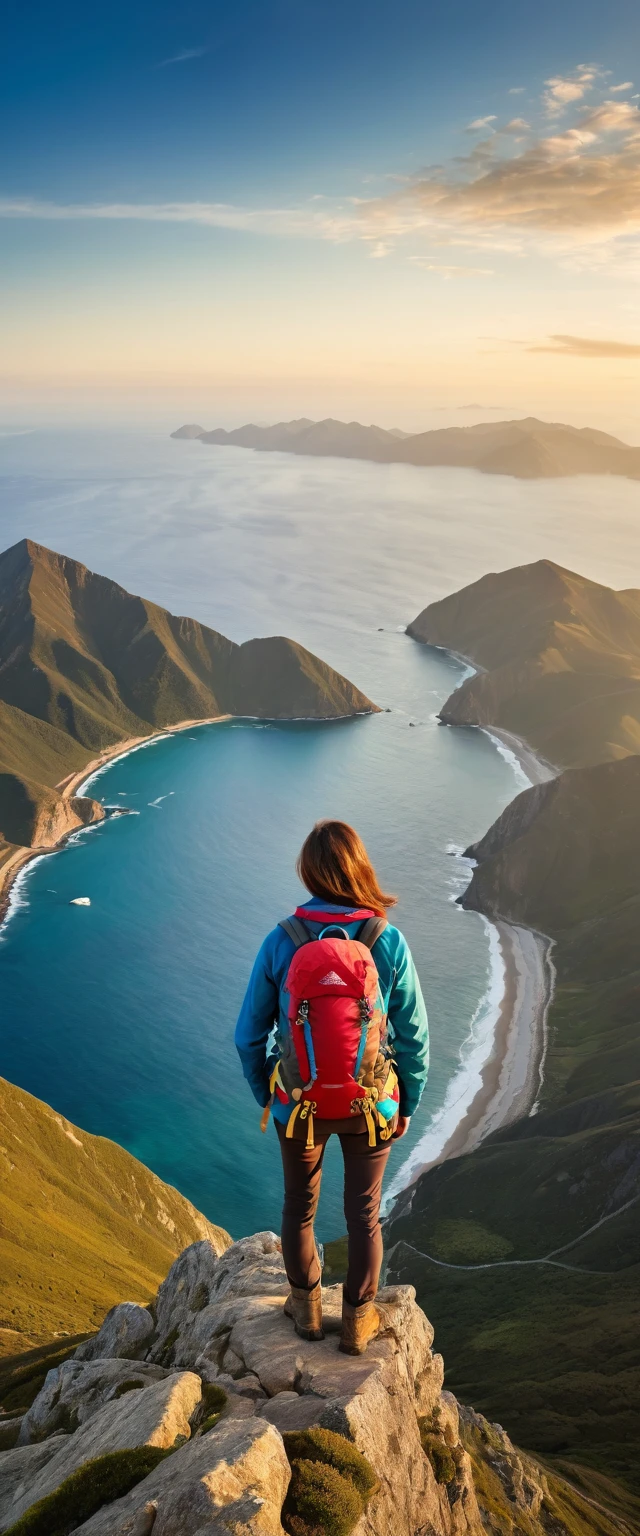 Highest quality,(masterpiece:1.2),Ultra-high resolution,RAW color photos,8K,Vast landscape photography,Middle-aged women,Mountaineering,Back view,(Outdoor clothing),(Large backpack),(From below,Woman standing on top of mountain,Gazing out at the vast ocean below),Beautiful sky,Beautiful sea,horizon,Depth of written boundary,Wide Light,Low Contrast,Backlight,Sharp focus,Vibrant colors,Dynamic composition